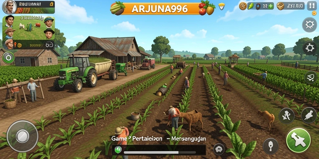 Screenshot permainan ARJUNA96 dengan tampilan pertanian yang hijau dan subur.
