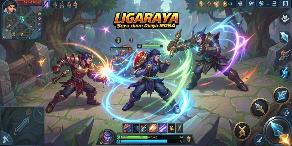 Screenshot gameplay LIGARAYA yang menampilkan pejuang dalam pertempuran epik.