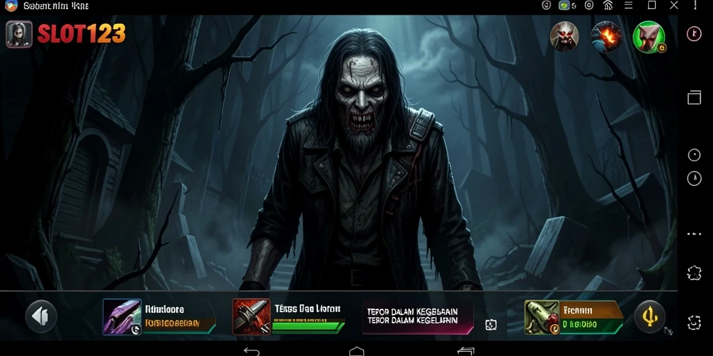 Screenshot gameplay SLOT123 menunjukkan suasana horor yang mencekam dan menegangkan.
